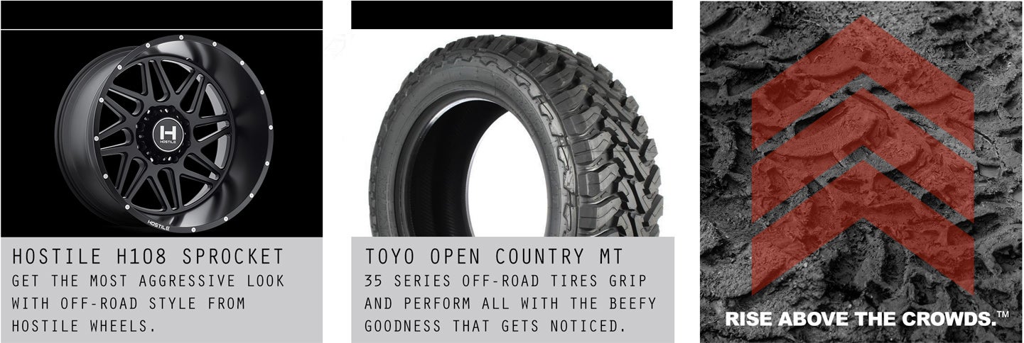 level up banner, hostile wheels, off road tires